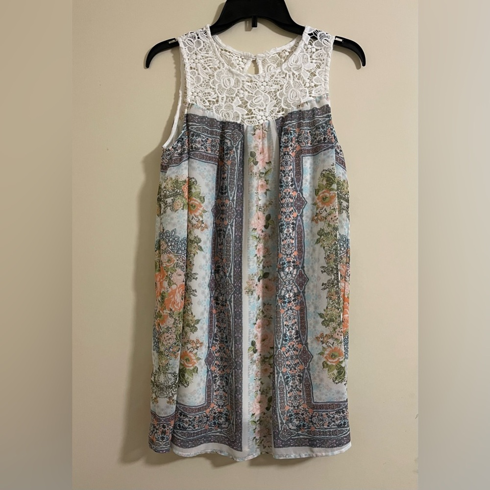 Filly Flair Sleeveless Crochet Chest Floral Lined Bohemian Midi  Dress Sz S